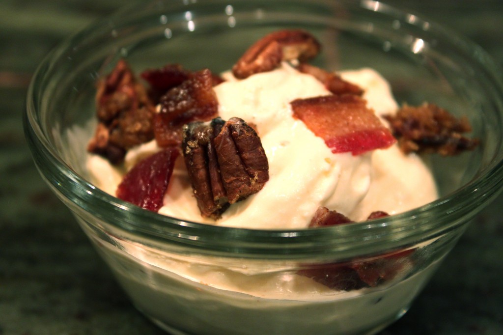 Smoked cream ice cream with candied bacon and pecans