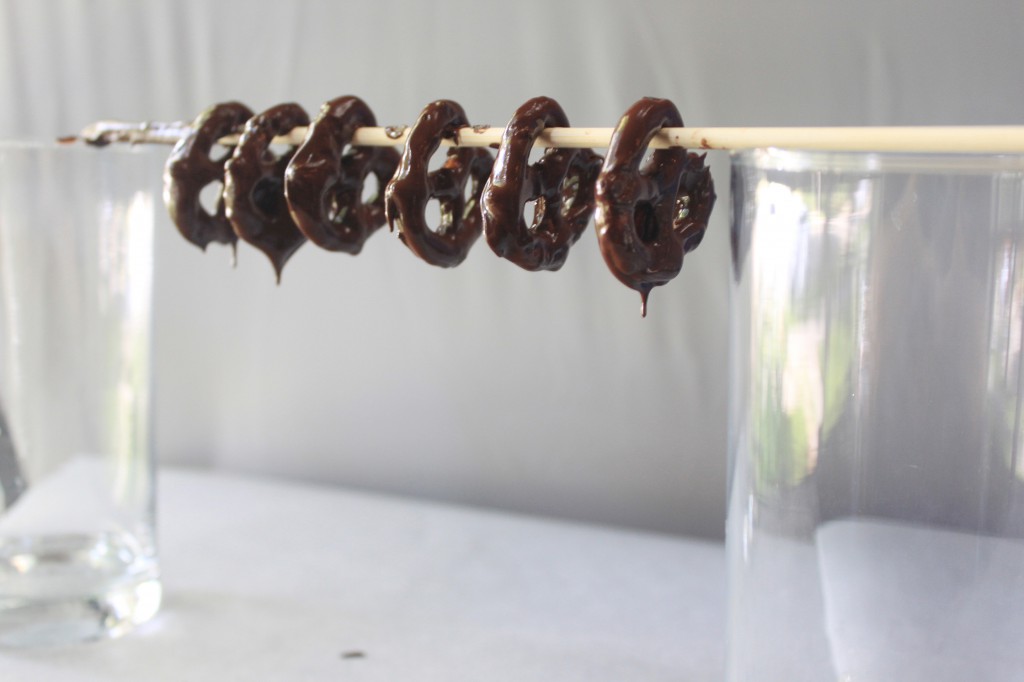 Chocolate covered pretzels drying