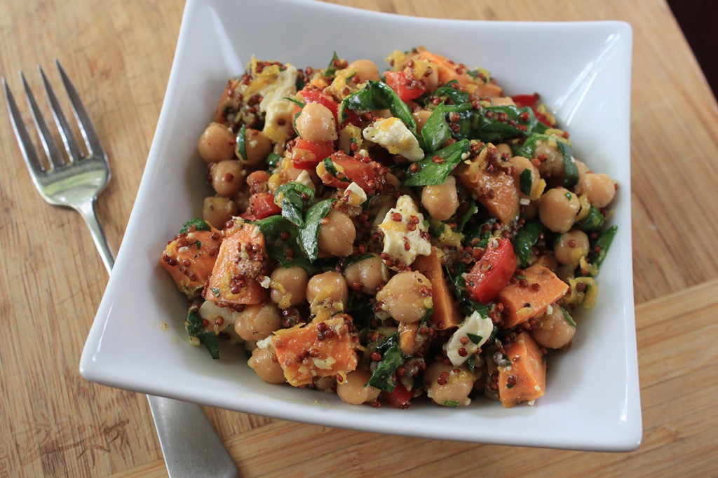 chickpea, quinoa and roasted yam salad overhead